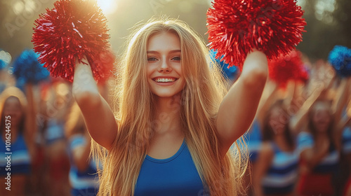 Two cheerleaders raise their pom-poms in a dynamic display of energy and unity. This image symbolizes teamwork, school spirit, enthusiasm, and the power of collective motivation in achieving success photo