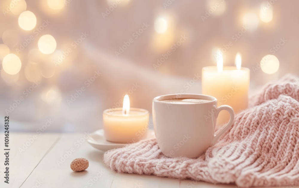 Cozy Coffee Setting. Soft Candles and Warm Knit Blanket for Comfort. Winter still life. White ceramic cup, candlelight. Hot beverage on window sill. Christmas home. Woolen knitted sweater, burn candle Cozy Coffee Setting. Soft Candles and Warm Knit Blanket for Comfort. Winter still life. White ceramic cup, candlelight. Hot beverage on window sill. Christmas home. Woolen knitted sweater, burn candle