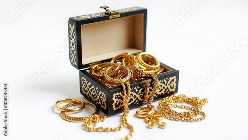 Gold jewelry on white with copy space