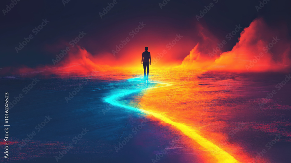 Silhouette of Man Walking Along a Red and Blue Light Glowing Path Silhouette of Man Walking Along a Red and Blue Light Glowing Path