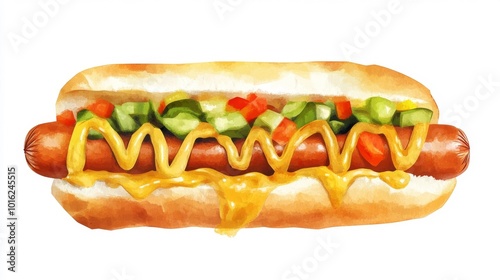 Realistic Hot Dog with Mustard and Vegetables on a White Background. Generative AI