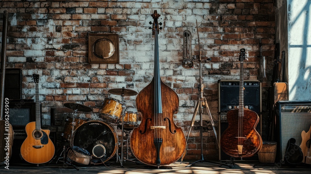 Naklejka premium Musical Instruments in a Brick Wall Studio