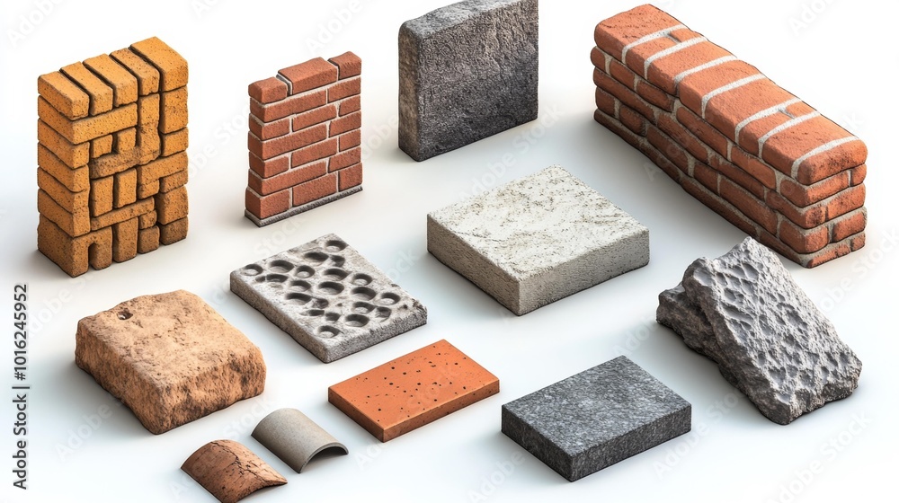 Various types of bricks and building materials on a white background ...