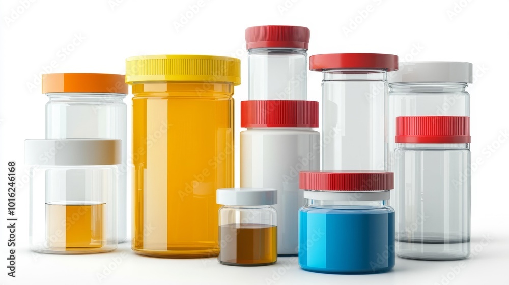 Set of transparent medical containers with colorful lids on a white background useful for laboratory healthcare and medical-related designs.. Generative AI Set of transparent medical containers with colorful lids on a white background useful for laboratory healthcare and medical-related designs.. Generative AI