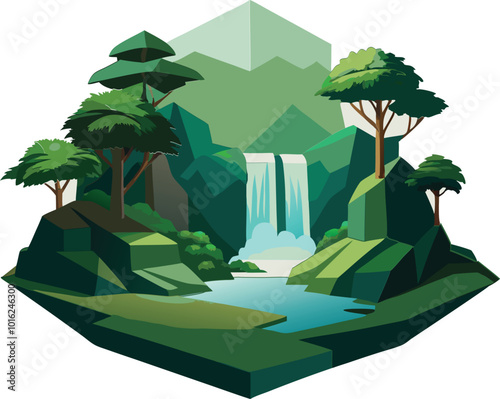 lush rainforest with waterfall vector simple 3d isolated illustration 