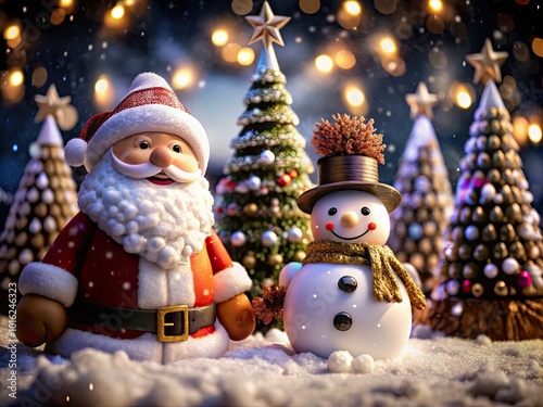 3D Merry Christmas and Happy New Year Invitation Banner with Santa, Snowman, and Christmas Trees for Festive Greeting Cards and Kid Wallpapers