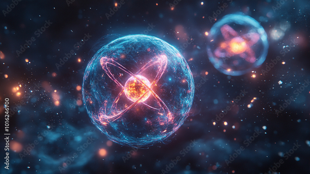 Two proton particles collide on a black background, symbolizing high-energy physics, particle collisions, and subatomic interactions. The image represents the unseen forces shaping the universe's fund Two proton particles collide on a black background, symbolizing high-energy physics, particle collisions, and subatomic interactions. The image represents the unseen forces shaping the universe's fund