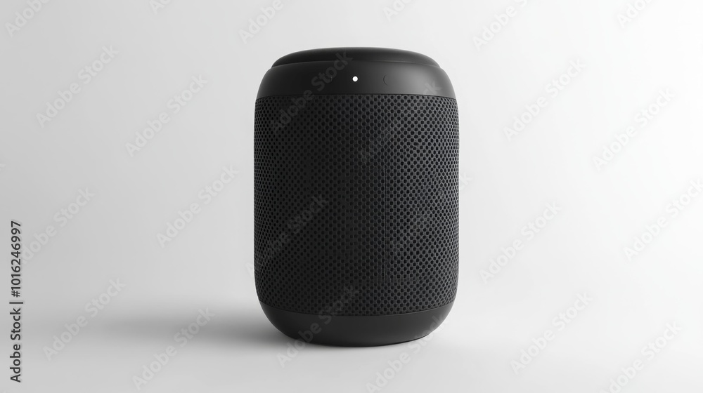 Minimalistic black portable speaker on a white background ideal for audio technology and sound-related themes focusing on modern design and high-quality sound output.. Generative AI Minimalistic black portable speaker on a white background ideal for audio technology and sound-related themes focusing on modern design and high-quality sound output.. Generative AI