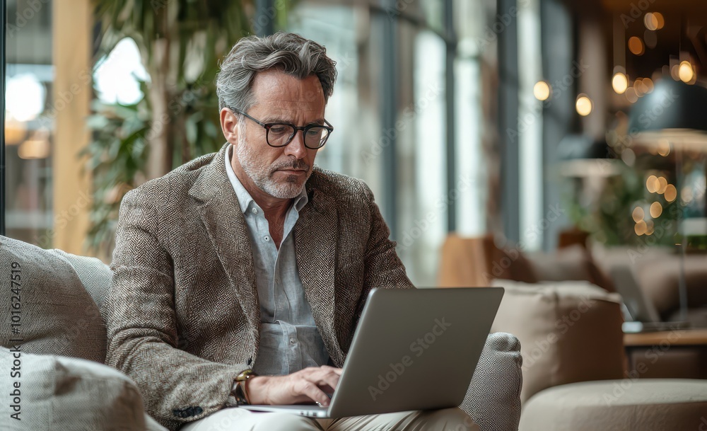 Middle-aged man wearing glasses working on laptop in modern office lounge with a focused expression