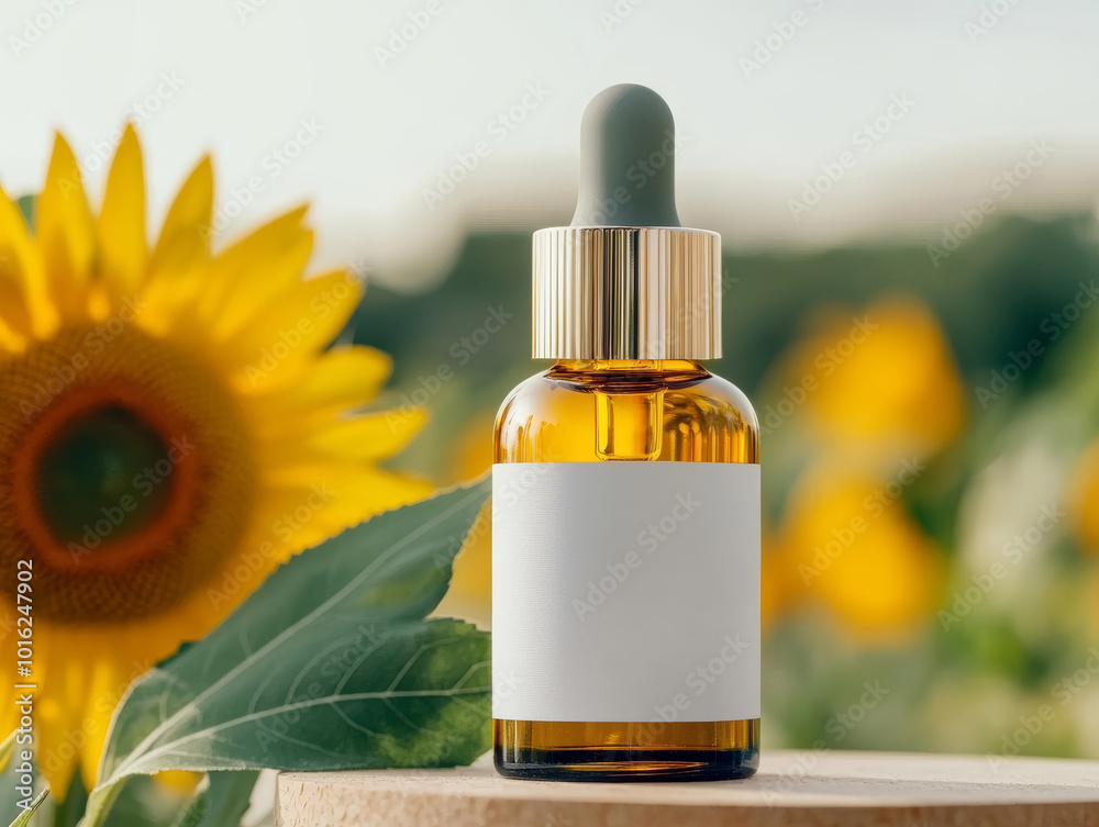 A dropper bottle with blank label surrounded by vibrant sunflowers. A dropper bottle with blank label surrounded by vibrant sunflowers.