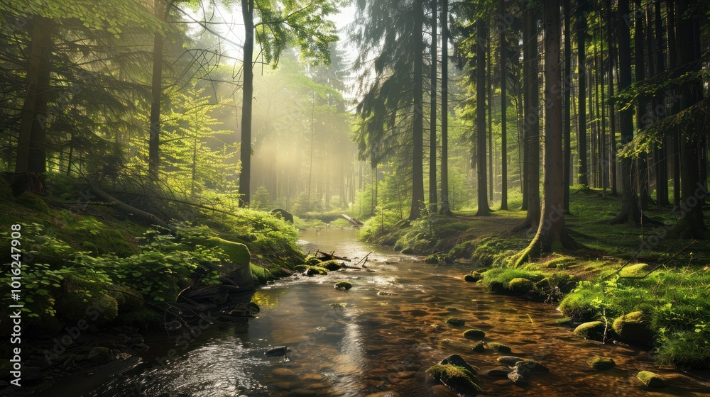 Obraz premium Sunlight Filtering Through Trees Over A Stream In A Forest