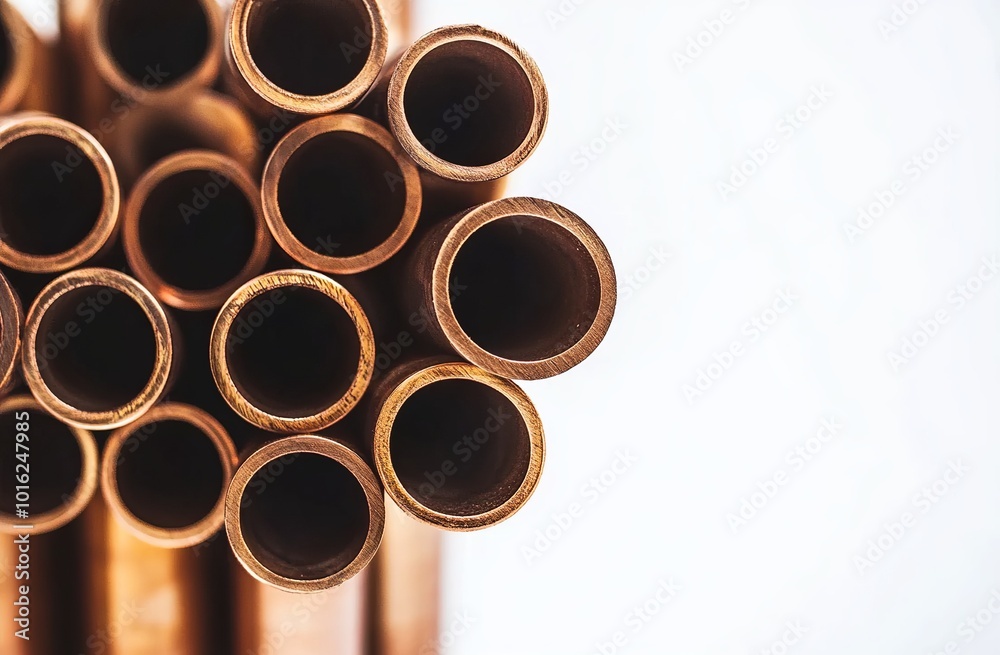 A stack of copper pipes on white background, stock photo for marketing and advertising use, professional photography style, high resolution, high quality, high detail, sharp focus, no blur effect. A stack of copper pipes on white background, stock photo for marketing and advertising use, professional photography style, high resolution, high quality, high detail, sharp focus, no blur effect.