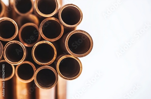 A stack of copper pipes on white background, stock photo for marketing and advertising use, professional photography style, high resolution, high quality, high detail, sharp focus, no blur effect.