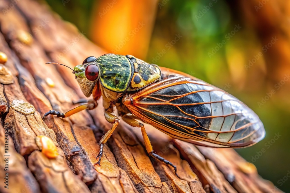 Macro shot of small cautious cicada Idiocerus lituratus on pine bark with tilted angle Macro shot of small cautious cicada Idiocerus lituratus on pine bark with tilted angle