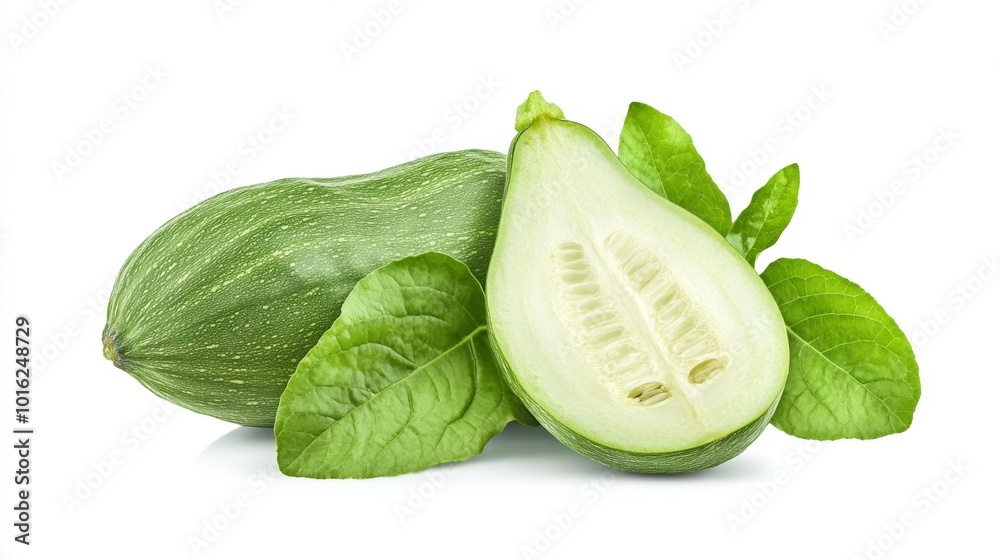 Two chayote fruits one sliced in half showing its white flesh and seeds placed with fresh green leaves on a white background. Isolated close-up of fresh green vegetables.. Generative AI Two chayote fruits one sliced in half showing its white flesh and seeds placed with fresh green leaves on a white background. Isolated close-up of fresh green vegetables.. Generative AI