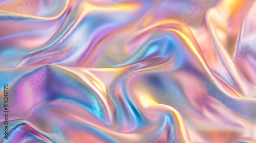 Vibrant holographic background with folded, iridescent fabric, creating an abstract, futuristic look.