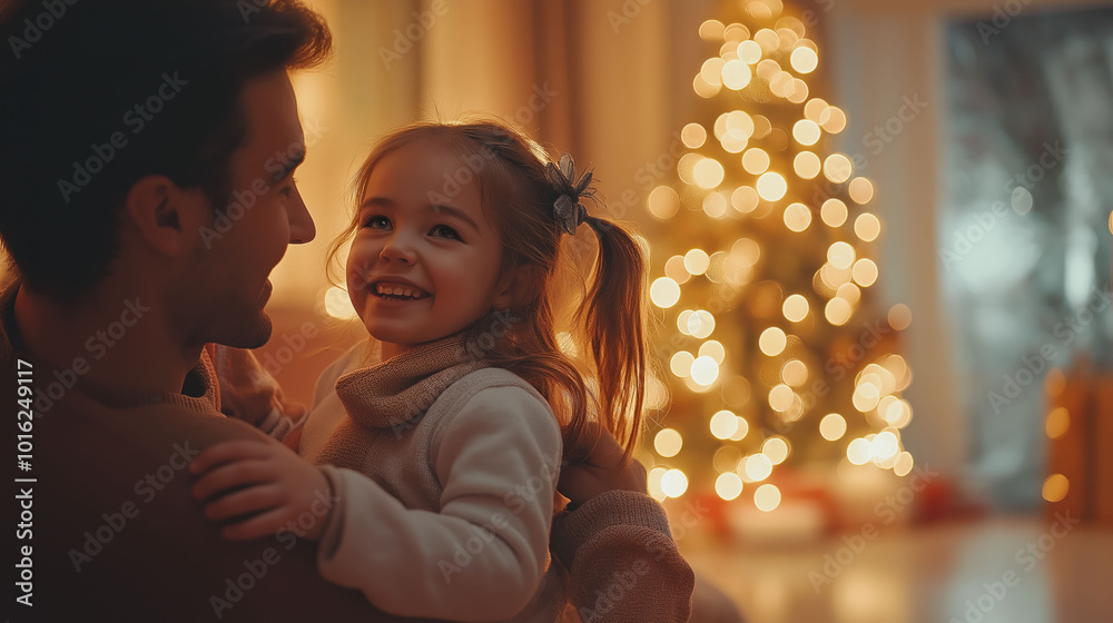 Father with daughter having good time together in cozy room with decorated Christmas tree Father with daughter having good time together in cozy room with decorated Christmas tree
