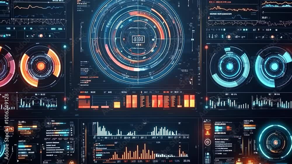 A futuristic user interface with a large display of data and graphs