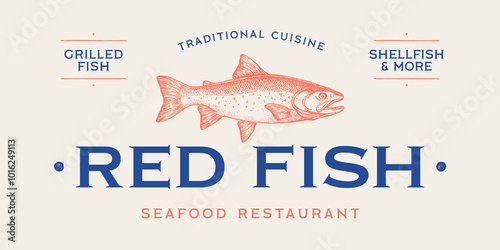 Salmon fish seafood, sketch. Vintage retro print, seafood salmon fish sketch, logo sign template, ink pencil style drawing, engrave old school. Hand drawn sketch salmon fish. Vector Illustration