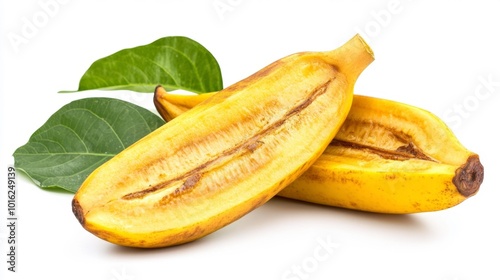 Fresh ripe plantain with one cut open isolated on a white background with leaves perfect for food photography or product presentations.. Generative AI