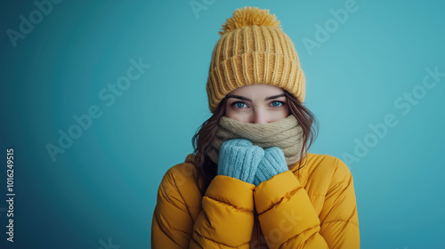 Closeup of a young woman wearing winter jacket, hat mittens cover hiding mouth with wrapped scarf