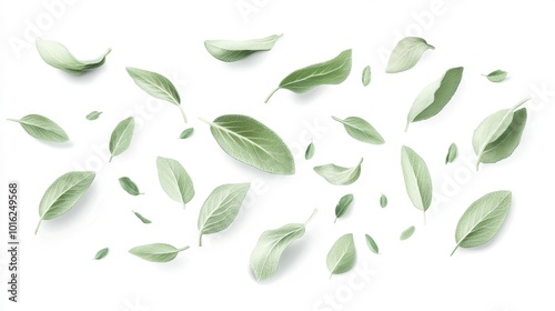 Green sage leaves isolated on a white background arranged in a scattered pattern realistic depiction of fresh herbal leaves. Generative AI