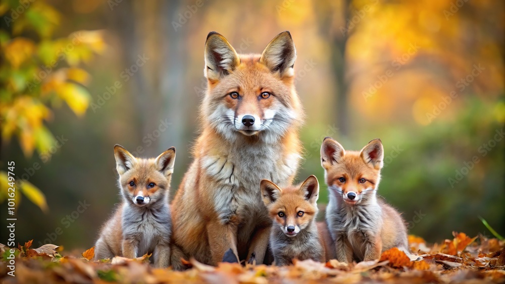 Mother red fox with little foxes in autumn symmetrical image Mother red fox with little foxes in autumn symmetrical image