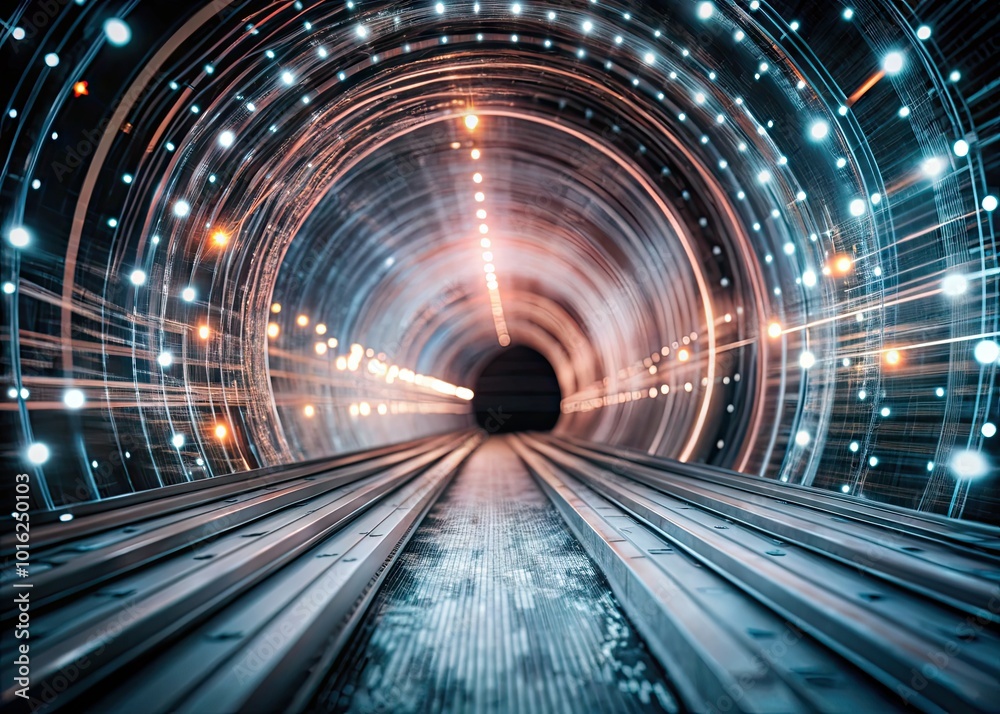 Abstract Digital Data Tunnel with Blue Lights and High-Speed Internet Technology Background