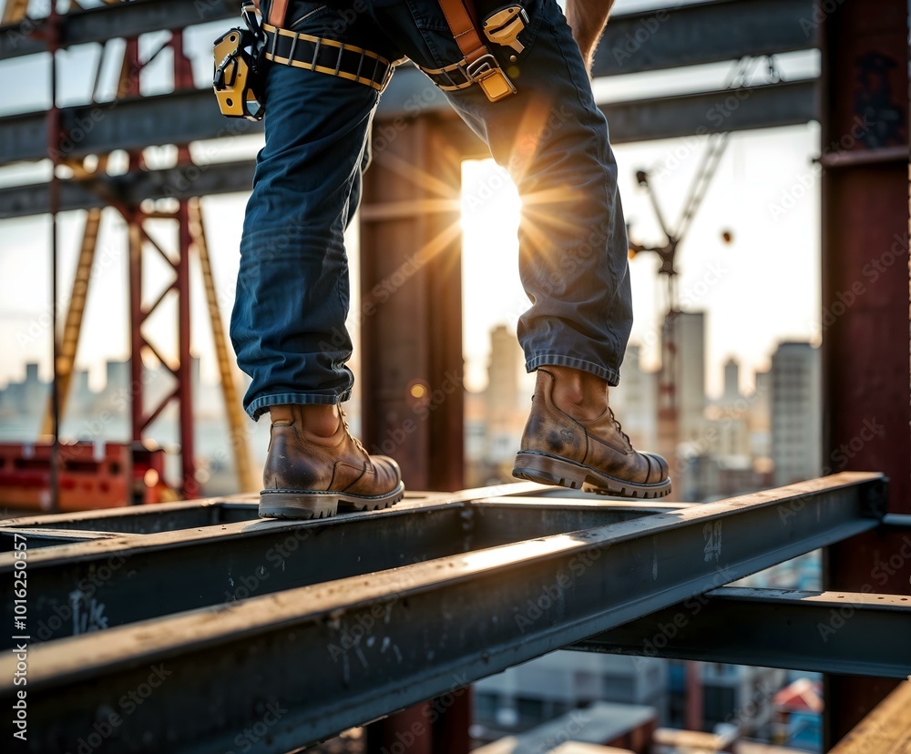 Close-up of a construction worker's feet walking on steel beams at a construction site, worker walking on metal platform at construction site, highlighting safety boots and industrial environment. Close-up of a construction worker's feet walking on steel beams at a construction site, worker walking on metal platform at construction site, highlighting safety boots and industrial environment.