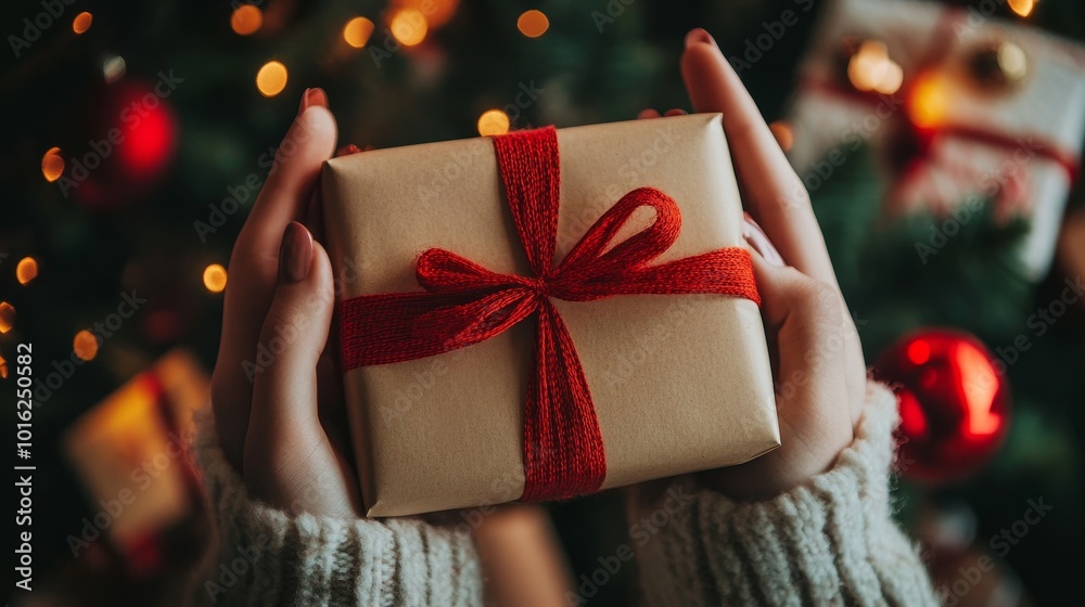 A person holding a beautifully wrapped gift with a red ribbon in front of a decorated Christmas tree during the holiday season
