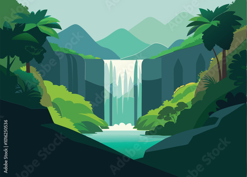 lush rainforest with waterfall vector simple 3d isolated illustration 