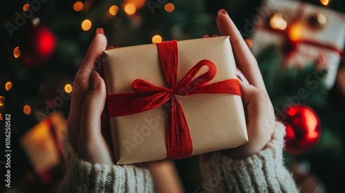 Obraz na płótnie A person holding a beautifully wrapped gift with a red ribbon in front of a decorated Christmas tree during the holiday season w salonie