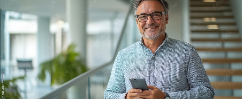 Confident middle-aged man standing in modern hallway with a welcoming smile and professional attire Confident middle-aged man standing in modern hallway with a welcoming smile and professional attire