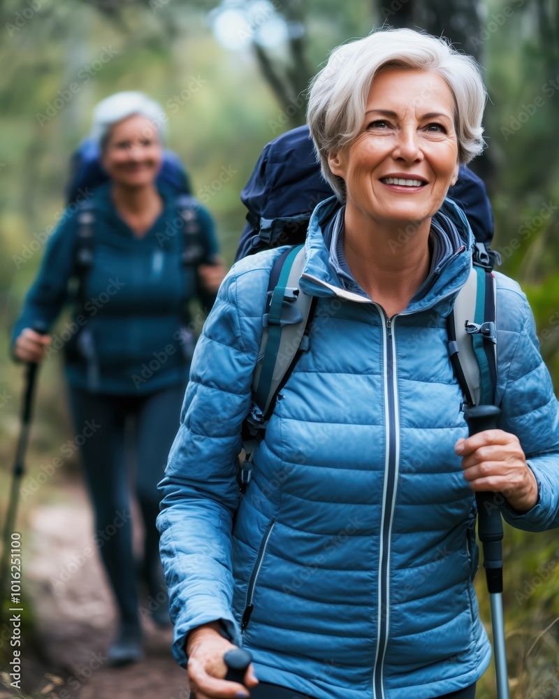 Smiling Senior Women Hiking in Nature Smiling Senior Women Hiking in Nature