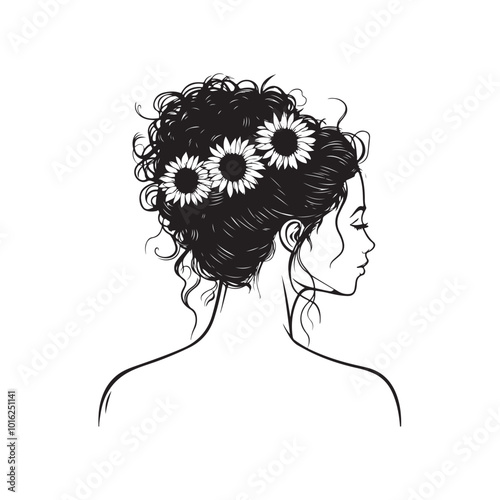 Girl with flowers, girl with floral in her hair line art