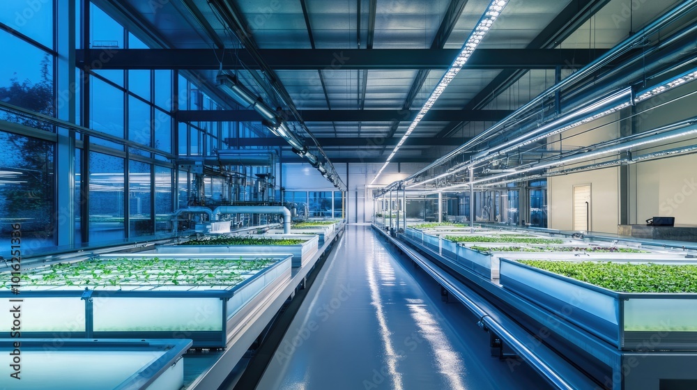 High-Tech Farm with Sprinklers Watering Microgreens in Modern Rectangular Planters and Blue Water-Filled Tubes