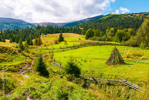 rural valley of ukraines podobovets. sunny autumn weather. green grassy hill and forested rolling hills. borzhava ridge of carpathian mountain landscape in the distance photo