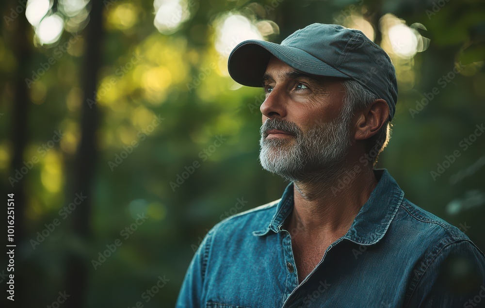 Middle-aged man in denim shirt and cap gazing into the forest with bokeh background