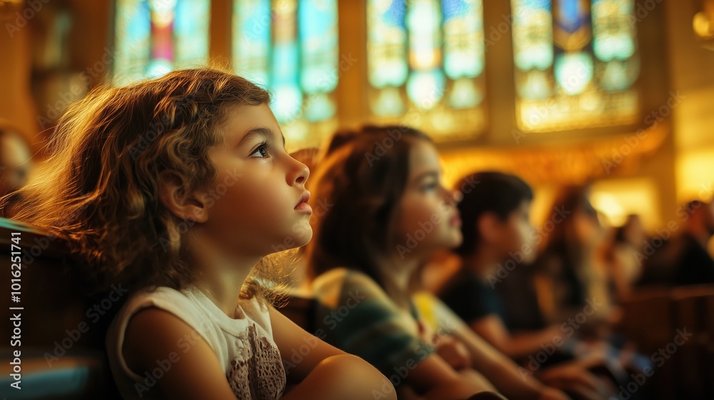 Children are captivated by the beauty inside a church, with stained glass and a serene atmosphere, lost in wonder. Children are captivated by the beauty inside a church, with stained glass and a serene atmosphere, lost in wonder.