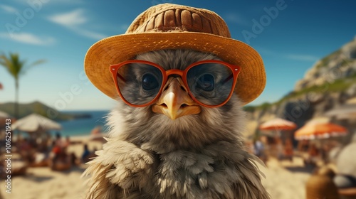 Image portrait of a realistic happy cute chicken rresting on a beach on summer vacation, beach relax vibe concept. photo