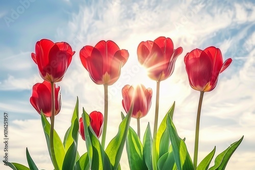 A group of red tulips reach towards the sun, their petals glowing in the warm light.