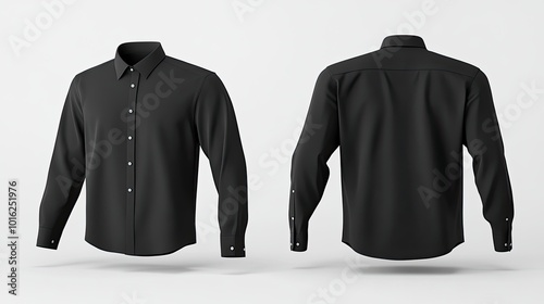 Mens classic black shirt with long sleeves and pockets on chest in half turn front photo