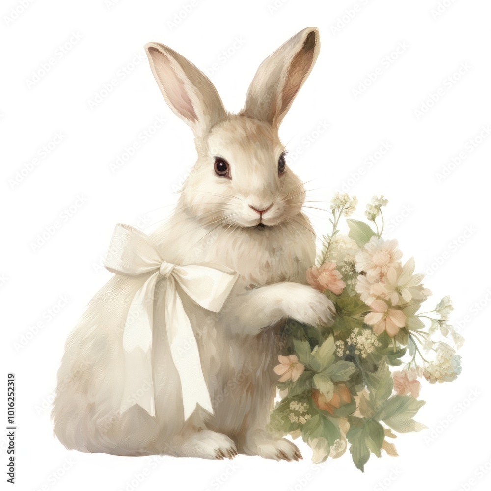 Cute rabbit holding flower bouquet Cute rabbit holding flower bouquet