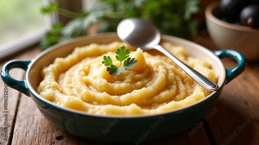 Creamy mashed potatoes garnished with fresh cilantro served in a blue dish by the window Creamy mashed potatoes garnished with fresh cilantro served in a blue dish by the window