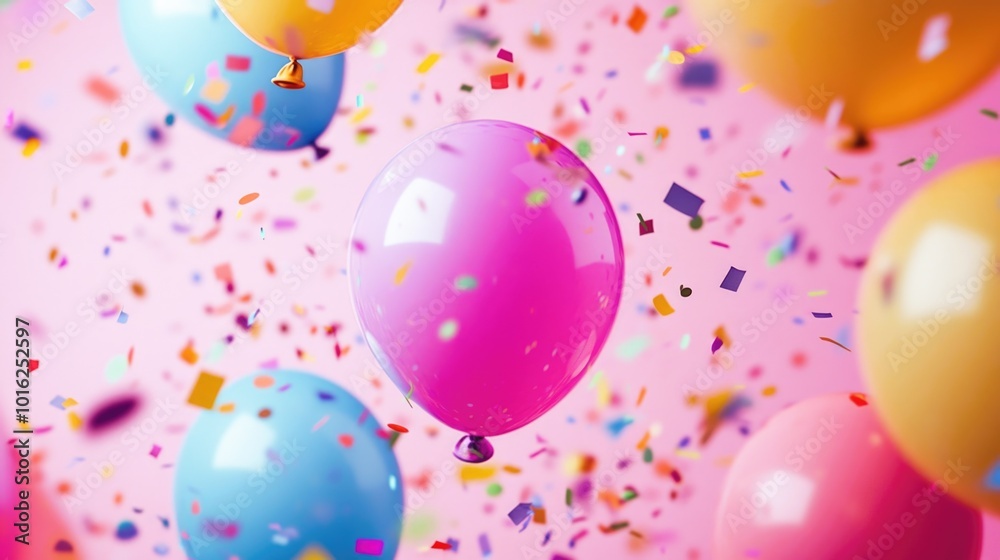 Colorful inflatable balloons with metallic confetti on a pink background. Background for a greeting card in flat-light style, birthday or party Colorful inflatable balloons with metallic confetti on a pink background. Background for a greeting card in flat-light style, birthday or party