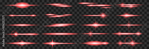 Set of linear light effects, flashes, sparks. Horizontal light lines. Set of vector suns. Realistic vector illustration set of luminous laser ray with glitter. Bright shine streak with overlay effect