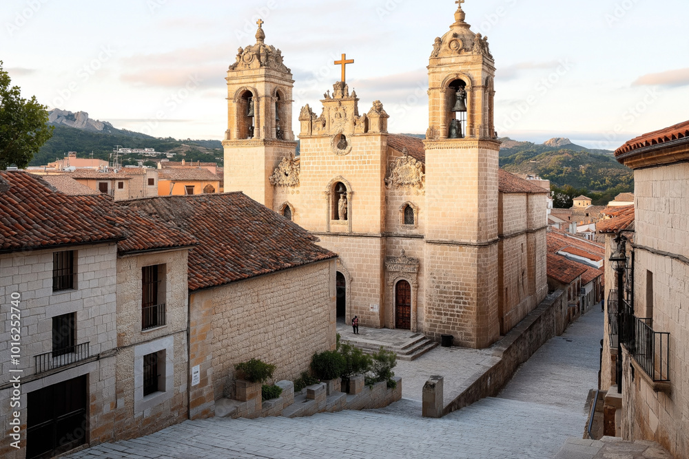 Fototapeta premium Historic stone church with twin bell towers and ornate facade, located in a charming village with stone buildings and red-tiled roofs, surrounded by scenic hills.