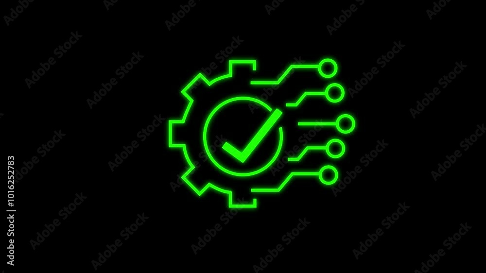 Technology development, cogwheel and check mark, innovation concept, system integration, software business, technical support, smart solution. linear icon isolated on black background. Technology development, cogwheel and check mark, innovation concept, system integration, software business, technical support, smart solution. linear icon isolated on black background.