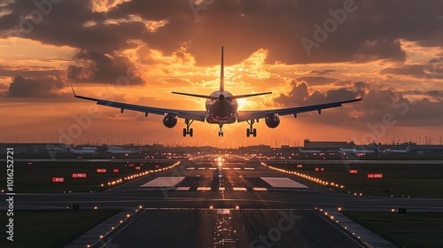 An airplane is landing on a runway at sunset.