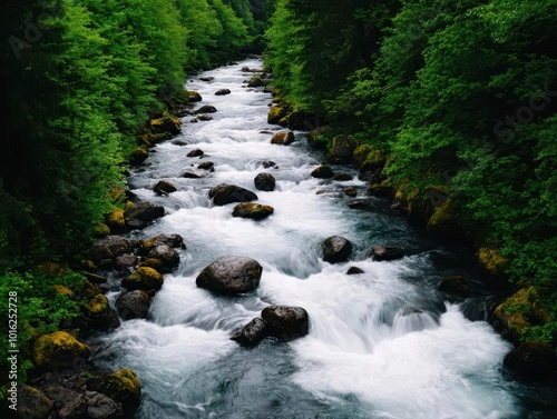 A mountain stream rushing downhill with incredible force, carving its way through rocks and trees, mountain stream, water force in nature photo